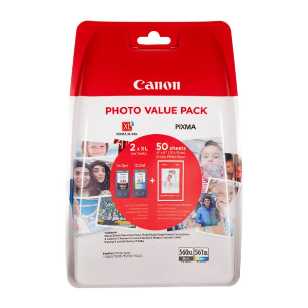 Canon PG-560XL + CL-561XL Value Pack Tintenpatronen + 50 Blatt Fotopapier (10x15cm)